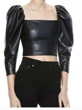 Alice + Olivia Francesca Vegan Leather Crop Top Black Women’s 10